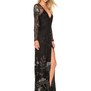 REVOLVE Black Lace Long Sleeve V-Neck Prom Dress with Silver Floral Embroidery